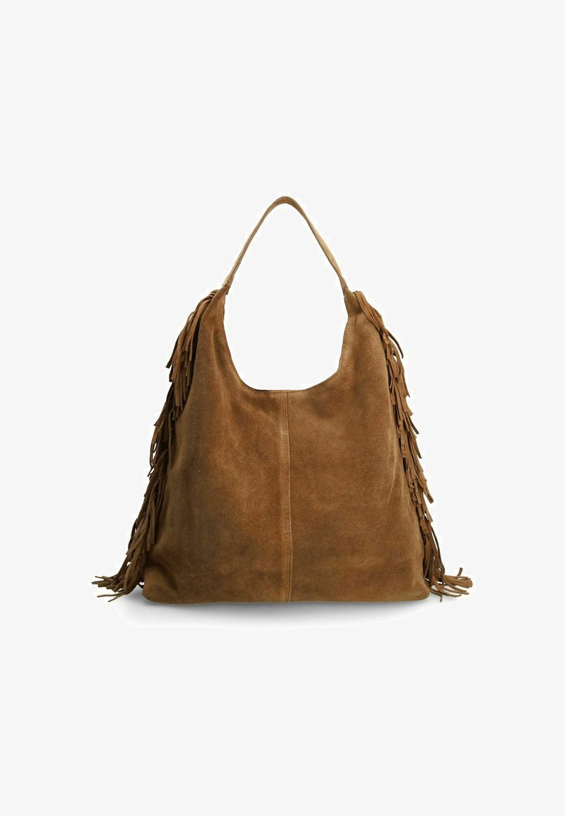 Braune Wildleder-Hobo-Tasche mit glatter Oberfläche und langen Fransen entlang der Seiten. Verfügt über einen einzelnen Schultergurt zum Tragen.
