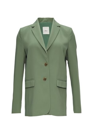 Groene blazer met een gladde textuur, getailleerde pasvorm, met notch revers, twee voorzakken en sluitingen met goudkleurige knopen.