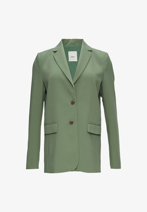Blazer vert avec une texture lisse, coupe ajustée, revers crantés, deux poches avant et fermetures à boutons dorés.