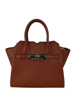 Borsa a mano in pelle marrone texturizzata con doppi manici, forma trapezoidale e targhetta metallica con logo "Bruno Magli" sul davanti.