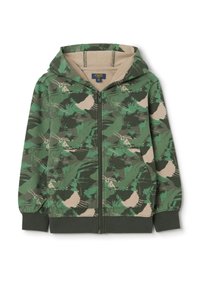 Giacca con cappuccio e zip in stampa verde militare, con una fodera interna color beige e polsini e orlo a coste. Realizzata in tessuto morbido e traspirante.