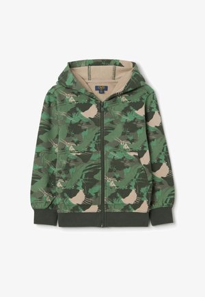 Giacca con cappuccio e zip in stampa verde militare, con una fodera interna color beige e polsini e orlo a coste. Realizzata in tessuto morbido e traspirante.