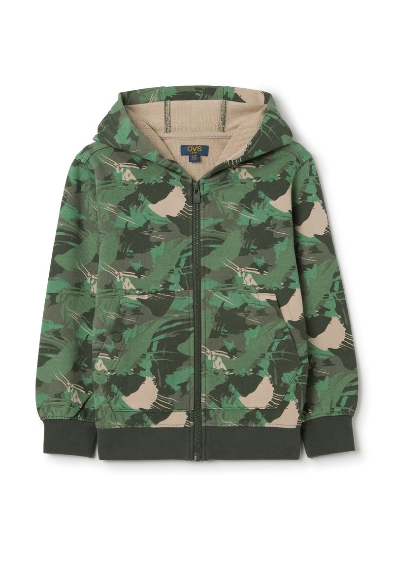 Giacca con cappuccio e zip in stampa verde militare, con una fodera interna color beige e polsini e orlo a coste. Realizzata in tessuto morbido e traspirante.
