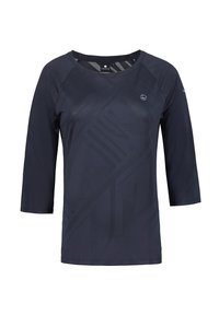 Navy blue 3/4 sleeve shirt made of synthetic material, featuring a subtle geometric pattern and a round neckline.