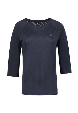 Chemise bleu marine à manches 3/4 en matière synthétique, avec un motif géométrique subtil et un col rond.
