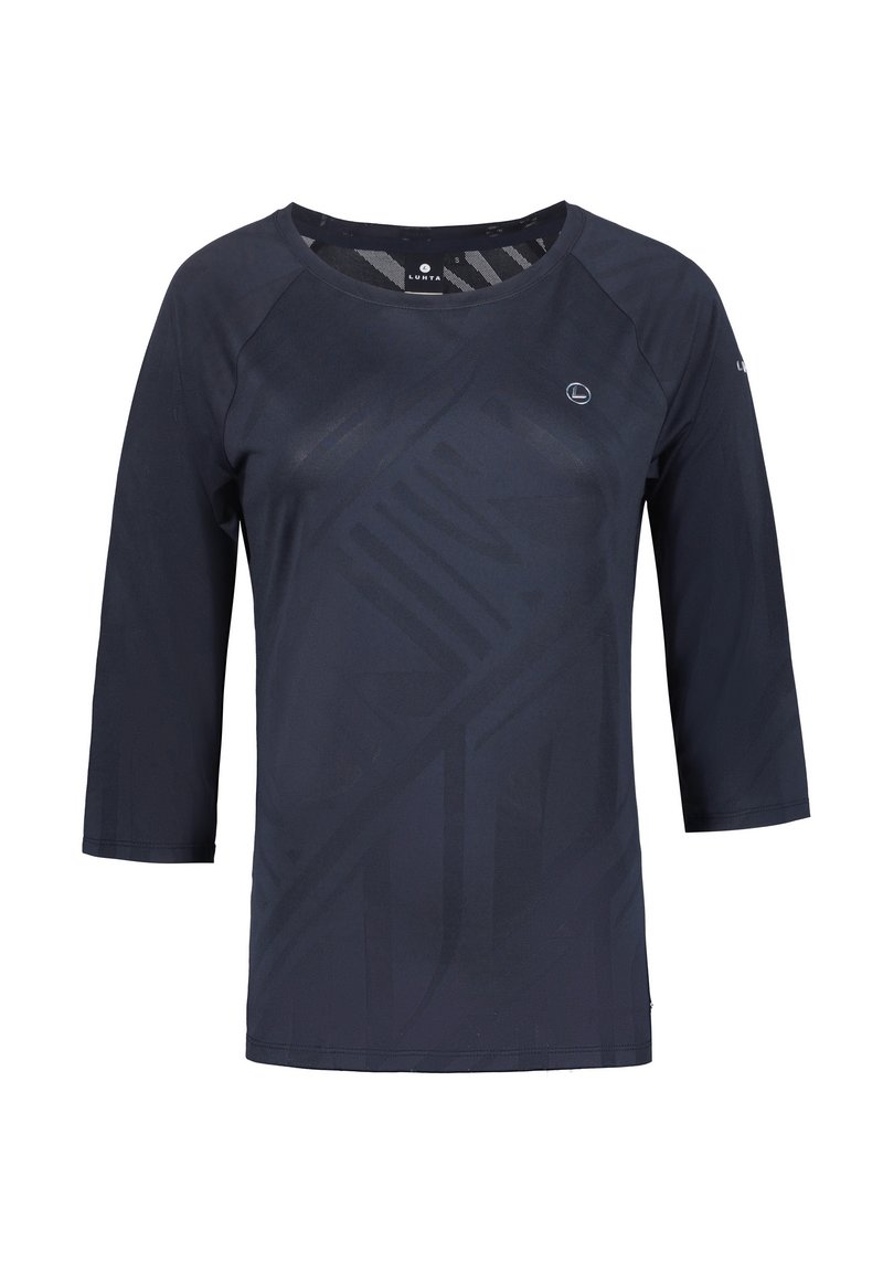 Navy blue 3/4 sleeve shirt made of synthetic material, featuring a subtle geometric pattern and a round neckline.
