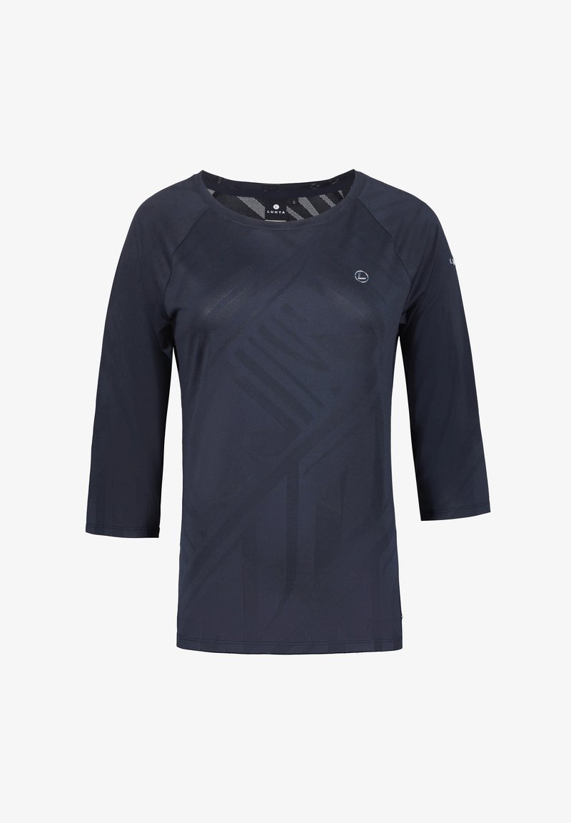 Chemise bleu marine à manches 3/4 en matière synthétique, avec un motif géométrique subtil et un col rond.