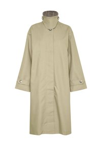 Beige esőkabát magas gallérral, széles ujjakra és patentos záródásra. Simára szabott anyag, egyenes vonalú szabás és oldalsó zsebek.