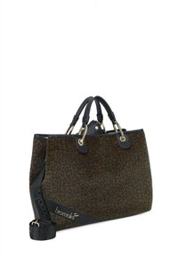 Borsa a tracolla in tessuto maculato leopardato con dettagli in pelle nera, finiture in oro, doppi manici e tracolla staccabile; presenta un pannello laterale con logo.