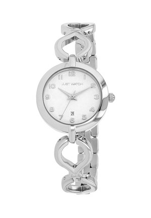 Silberne Uhr mit einem runden Ziffernblatt, einem metallischen Armband mit herzförmigen Links und einem strukturierten silbernen Ziffernblatt mit Stundenmarkierungen und einem Datumsdisplay.