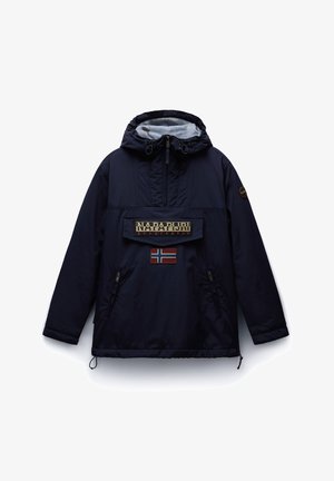 Marineblaues Pullover-Jackett mit einer Kordelzugkapuze, zwei seitlichen Reißverschlusstaschen und einer Fronttasche mit einem Logo und einem norwegischen Flaggen-Patch.