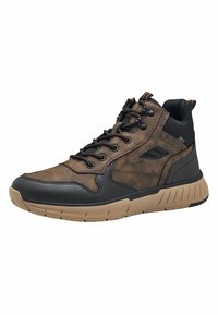Czarno-brązowe trampki typu high-top z teksturowanej skóry i tkaniny, gumową podeszwą oraz sznurowaniem z logo po boku.