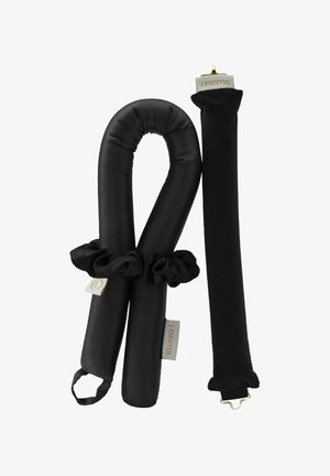 Two black padded hair curlers with attached scrunchies and fabric tags displaying the brand name "LENOITES" on a white background.