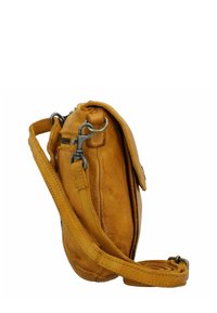 Piccola borsa in pelle gialla con forma piatta, tracolla regolabile e finiture metalliche. Superficie texture con una tasca laterale con zip.
