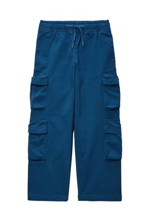 Pantalon cargo bleu avec taille élastique, cordon de serrage et quatre poches à rabat sur les côtés, posé à plat sur fond blanc.