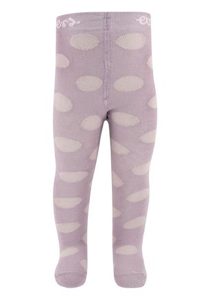 Lila Strumpfhosen mit großen cremefarbenen Punkten, aus weichem Material mit strukturierter Oberfläche und einem Bündchen, das den Markennamen zeigt.