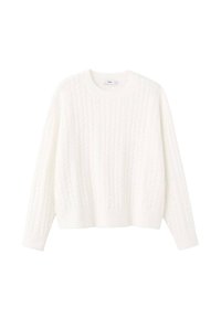 Maglione bianco a maglia grossa con scollo rotondo, maniche lunghe e lunghezza cropped. Pattern testurizzato su tutta la superficie, materiale a maglia morbido.