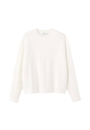 Suéter blanco de punto trenzado, con cuello redondo, mangas largas y un largo corto. Patrón texturizado en toda la prenda, material de punto suave.