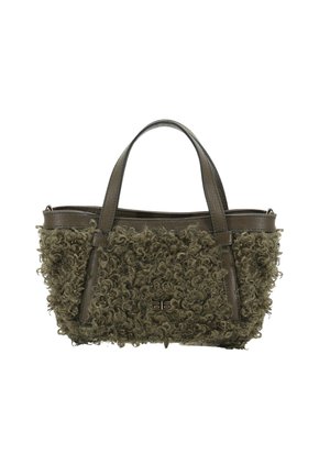 Olivgrüne Handtasche mit einer flauschigen, lockigen Textur, ausgestattet mit zwei stabilen Griffen und einem Reißverschlussverschluss an der Oberseite. Elegantes und markantes Design.