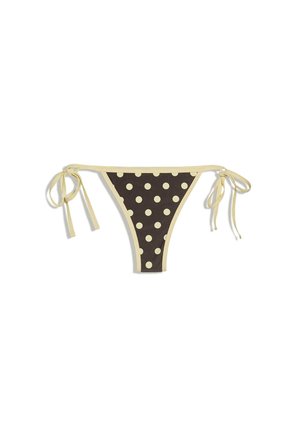 Slip bikini marrone con pois crema, rifiniture crema e laccetti regolabili sui fianchi.