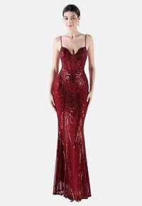 Rotes Paillettenkleid für den Abend mit einer figurbetonten Silhouette, dünnen Trägern, Herz-Ausschnitt und einem bodenlangen Design mit aufwendigen Perlenarbeiten.