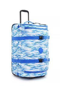 Borsone morbido con ruote in blu e bianco con un motivo astratto. Presenta una tasca con zip, cinghie laterali e un manico retrattile.