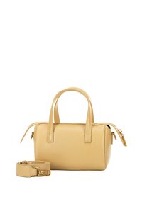 Borsa in pelle di colore giallo chiaro con una finitura texturizzata. Presenta due manici corti, una tracolla removibile e una chiusura con zip in metallo dorato.