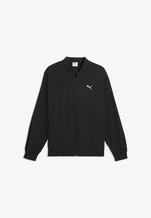 Fekete, cipzáras Puma dzseki rugalmas derékpánttal és mandzsettákkal, a bal mellrészen kis fehér Puma logóval.