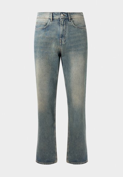 Light blue denim jeans with a straight leg, mid-rise waist, and subtle fading. Features classic pocket styling and contrast stitching.
