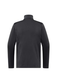 Schwarze Langarmjacke mit hohem Kragen, strukturierter Stoff und Raglanärmeln. Glatte Oberfläche ohne sichtbare Logos oder Muster.