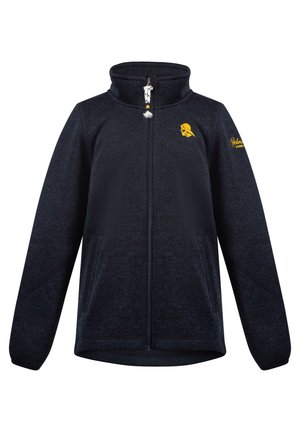 Fleece zip-up jakke i mørk marineblå med en tekstureret overflade. Har en høj krave, to frontlommer og et gult broderet logo på brystet.
