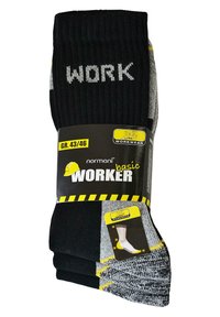 Schwarze und graue Socken mit "WORK"-Aufdruck am Bund, ausgestattet mit einem gerippten Design und einem gelben Akzentstreifen nahe der Zehe. Größe 43/46.