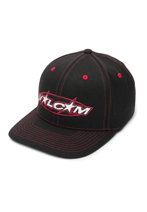 Black baseball cap with red accents and stitching. Features an embroidered logo on the front. Curved brim and six-panel design.