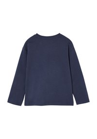 Marineblaue Langarm-T-Shirt, aus Baumwollmaterial, Rundhalsausschnitt, gerader Schnitt, minimaler Nähten und keine auffälligen Muster oder Akzente auf der Rückseite.