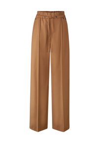 Bruine, wijde broek met een elastische tailleband, trekkoorddetails en metalen accenten. Gladde stof met een ontspannen pasvorm.