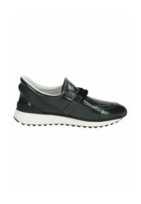 Černé lakované kožené slip-on boty s kulatou špičkou, které mají dekorativní mašličku a bílou gumovou podrážku s texturačním grip vzorem.