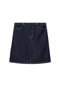 Denim rok in donkerblauw met een rechte snit, voorzien van twee voorzakken en zichtbare stikseldetails. Gladde textuur, lengte tot halverwege de dijen.