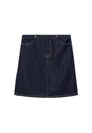 Denim skirt in dark blue with a straight cut, featuring two front pockets and visible stitching detail. Smooth texture, mid-thigh length.
