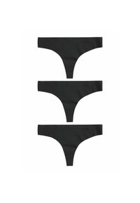 Čierne tangá, vyrobené z jemného materiálu, majú úzky pás a minimalistický dizajn s minimálnym zakrytím, bez viditeľných vzorov alebo akcentov.