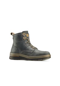 Gray leather ankle boot with laces, contrasting beige accents, rounded toe, rubber sole, and pull tab on heel for easy wear.