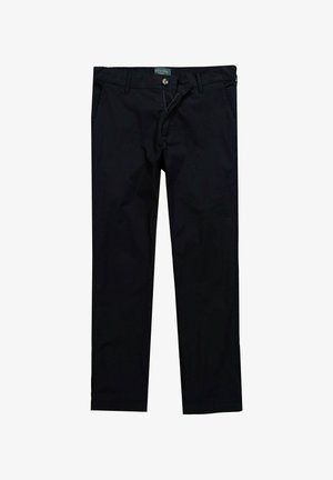 Black cotton trousers featuring a straight leg design, front pockets, belt loops, and a button closure. Smooth texture with a clean finish.