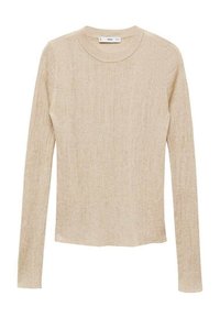 Haut beige à manches longues en tissu côtelé. Présente un col rond et une coupe ajustée. Texture lisse avec une brillance subtile.