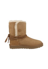 Tan suede boot with a shearling lining, mid-calf height, and an intricately patterned cord wrapped around the ankle. Rubber sole.
