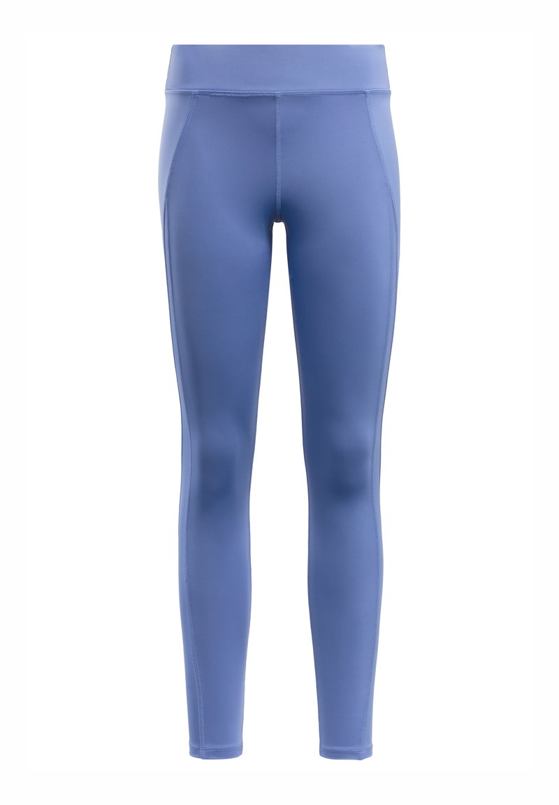 Leggings azules hechos de material elástico, con una cinturilla alta, textura suave y un diseño aerodinámico sin patrones visibles.