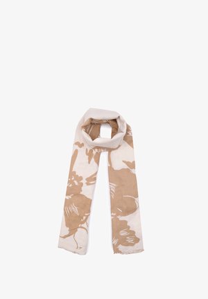 Sciarpa beige e bianca con motivo floreale, realizzata in tessuto leggero con bordi sfilacciati e una texture morbida, che presenta una forma rettangolare.