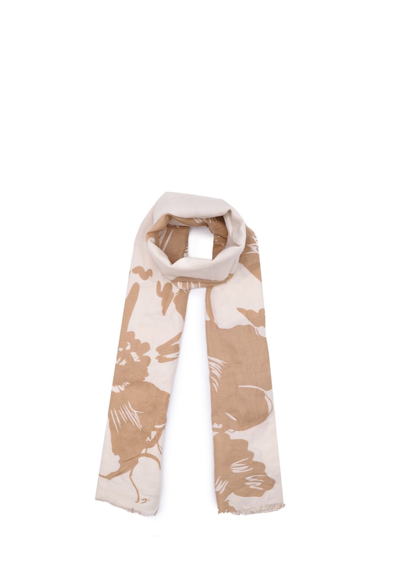 Sciarpa beige e bianca con motivo floreale, realizzata in tessuto leggero con bordi sfilacciati e una texture morbida, che presenta una forma rettangolare.