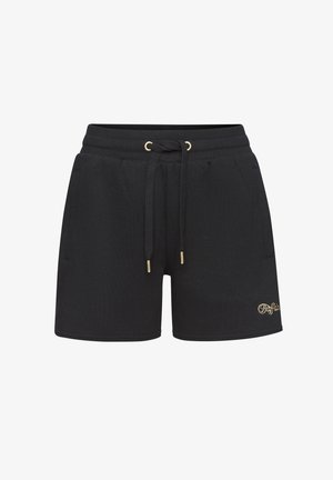 Schwarze Baumwollshorts mit elastischem Bund, verstellbarem Kordelzug, zwei Seitentaschen und goldgesticktem Logo-Detail.