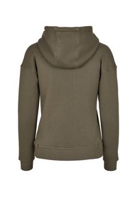 Sweat à capuche vert olive avec manches longues, poignets côtelés et ourlet droit. Tissu doux et texturé, vue de dos.