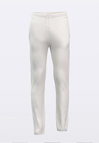 Weiße Jogginghosen aus weichem Stoff mit elastischem Bund und Kordelzug, schmal zulaufenden Beinen und glatter Textur.