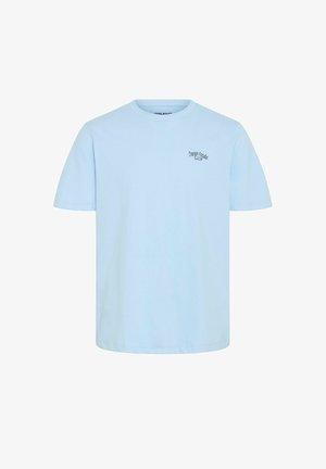 Tricou din bumbac de culoare albastru deschis, cu guler rotund, mâneci scurte și un mic logo negru "Danish Foodie Club" imprimat pe piept.